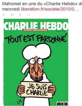 A capa da próxima edição do 'Charlie Hebdo' terá charge do profeta Maomé segurando placa com os dizeres 'Eu sou Charlie' (Foto: Reprodução/ Twitter/ Libertation)